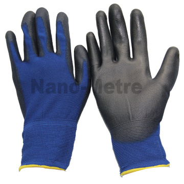 NMSAFETY 18 Gauge gestricktes Marineblau Polyesterfutter beschichtetes schwarzes PU auf Handflächenhandschuhen für die Leichtindustrie